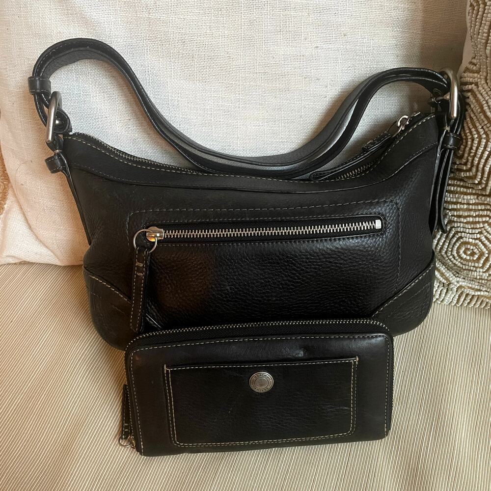 Coach Soho Small Duffle Black Leather Shoulder Bag + Matching Wallet F12321